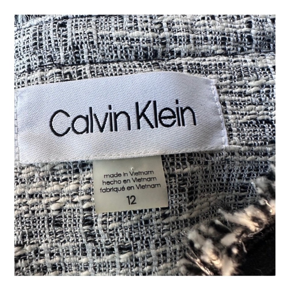 Calvin Klein Blazer Jacket Coat Black White Tweed Fringe Open Front Size 12 - Picture 6 of 9